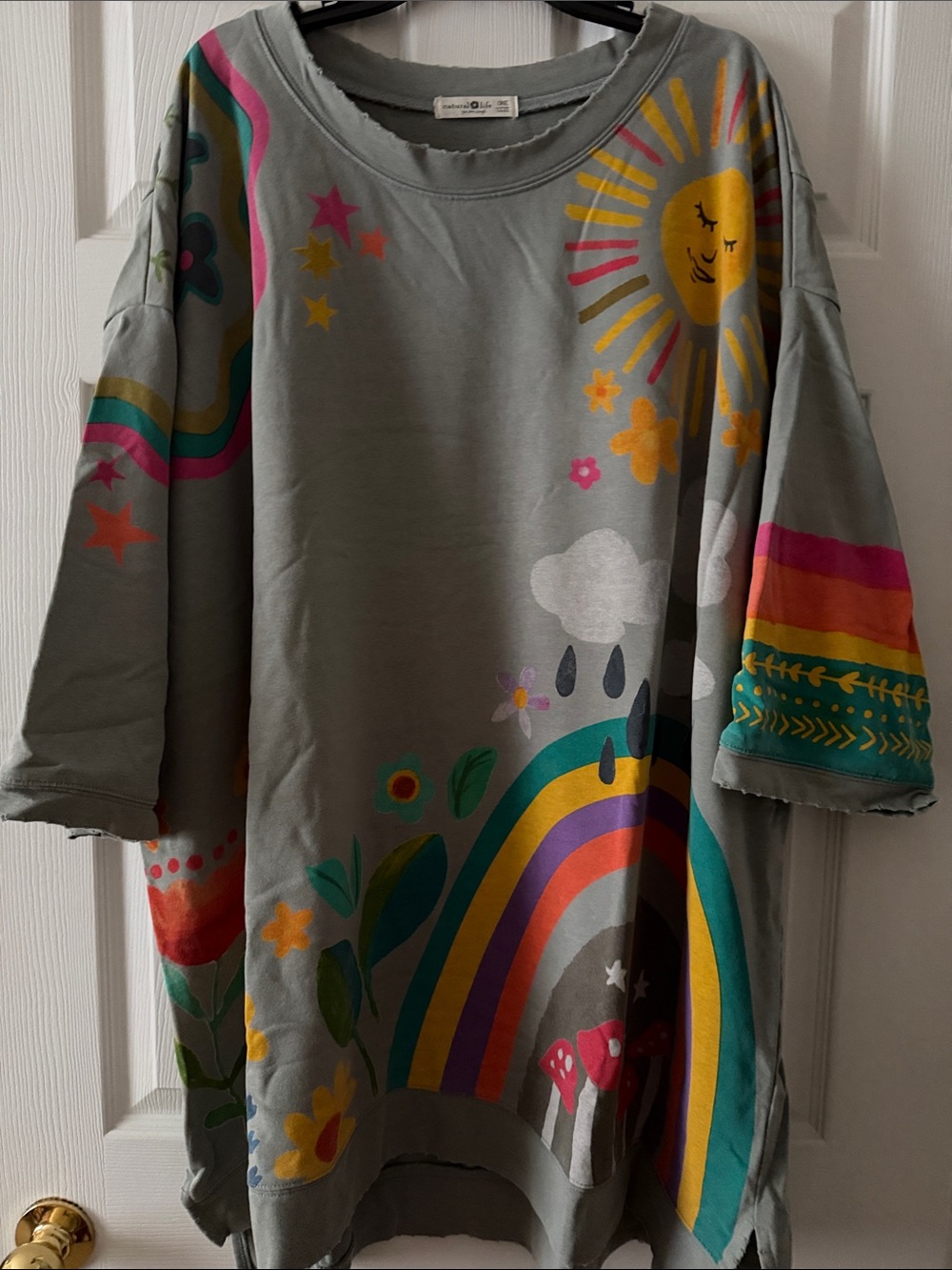 NATURAL LIFE Gray Tunic with Rainbow, Sun & Floral Graphics